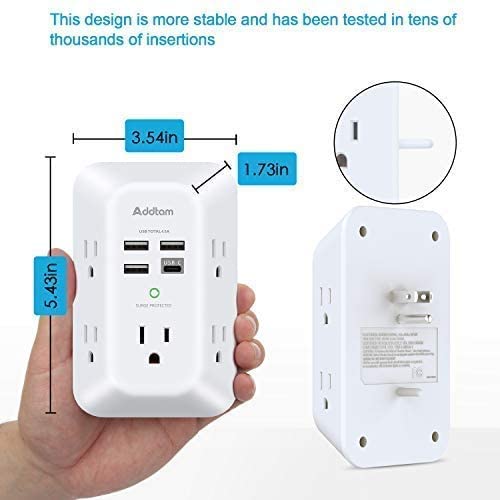 USB Wall Charger, Power Strip with 5 Outlet Extender 4 USB Charging Ports (1 USB C, 4.5A Total) 3-Sided 1800J Surge Protector Power Bar Multi Plug Outlets Wall Adapter Spaced for Home Travel Office
