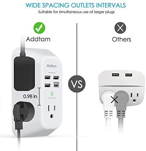 USB Wall Charger, Power Strip with 5 Outlet Extender 4 USB Charging Ports (1 USB C, 4.5A Total) 3-Sided 1800J Surge Protector Power Bar Multi Plug Outlets Wall Adapter Spaced for Home Travel Office