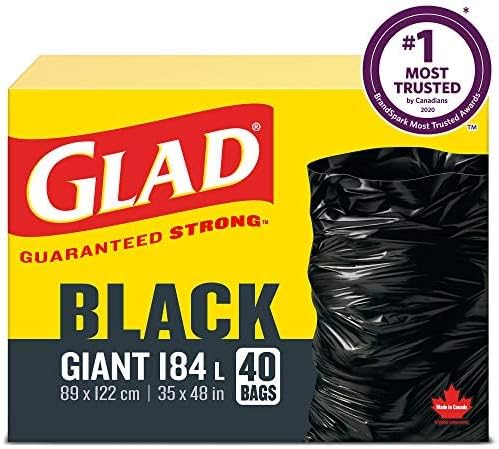 Glad Black Garbage Bags - Giant 184 Litres - 40 Trash Bags Made in Canada of Global Components