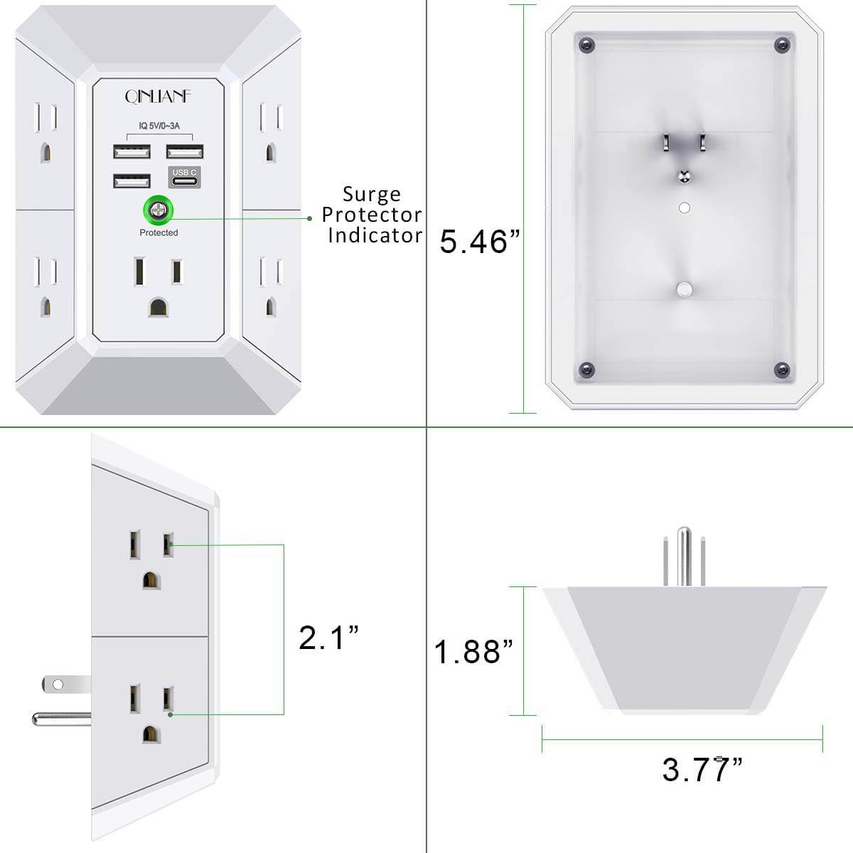 Wall Charger, Surge Protector, QINLIANF 5 Outlet Extender with 4 USB Charging Ports (4.8A Total) 3-Sided 1680J Power Strip Multi Plug Adapter Spaced for Home Travel Office (3U1C)