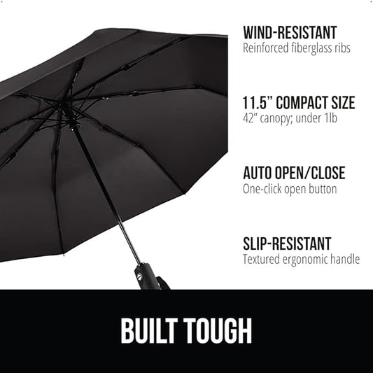 GORILLA GRIP Windproof Compact Stick Umbrella for Rain, One-Click Automatic Open and Close, Strong Reinforced Fiberglass Ribs, Easily Collapsible, Lightweight Portable Umbrellas for Travel