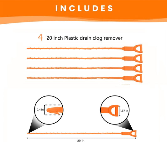Drain Snake Hair Clog Remover 4 Pack – Drain Cleaner Tool for Sink, Shower, Bathtub, Tub (Orange)