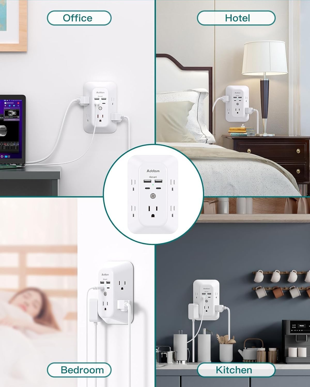 2 Pack USB Wall Charger Surge Protector, Multi Plug Outlet with 5 Outlet Extender and 4 USB Charging Ports (2 USB C Outlet) 3 Sided 1800J Power Bar for Home Travel Office
