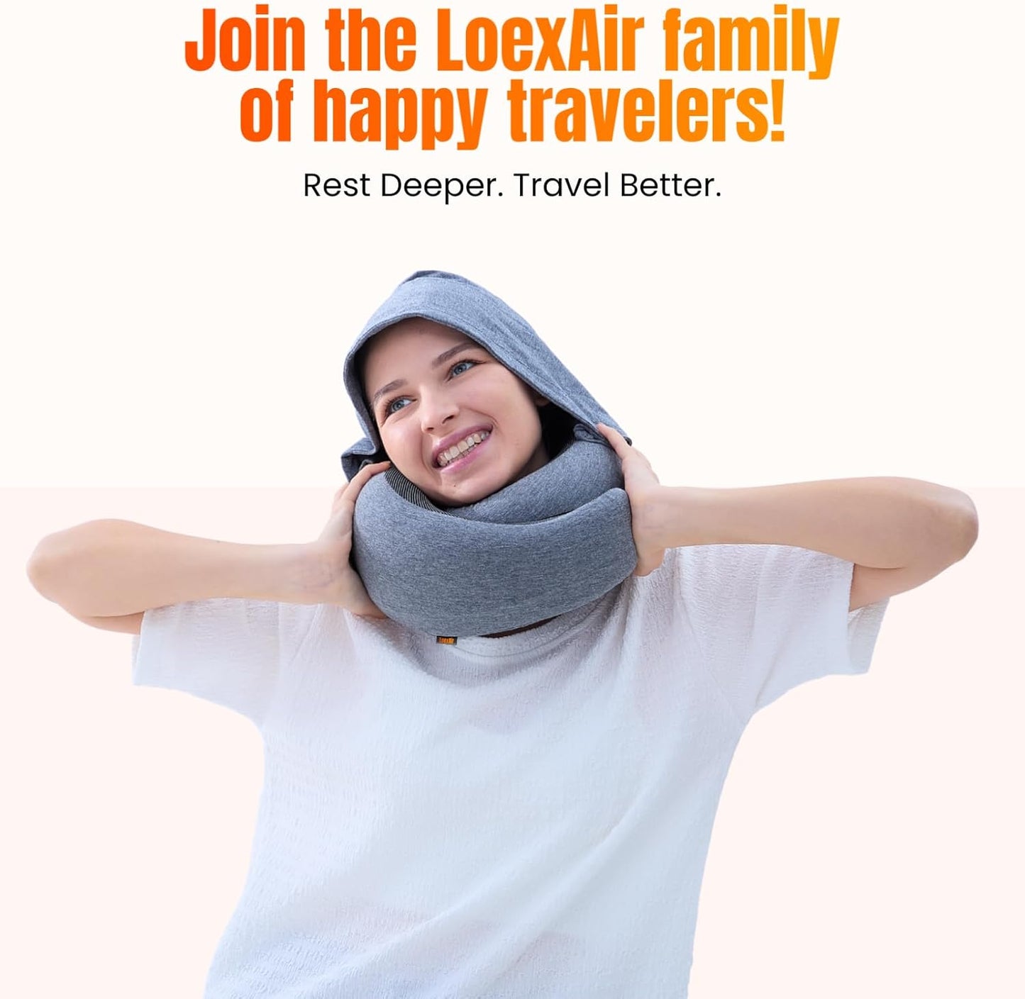 Hooded Pro Travel Pillow - Memory Foam Neck Support Pillow with Hood for Airplane, Flight - 100% Cotton Fabric, Maximum Privacy & Light-Block Design, Lightweight Full Travel Kit - Light Grey