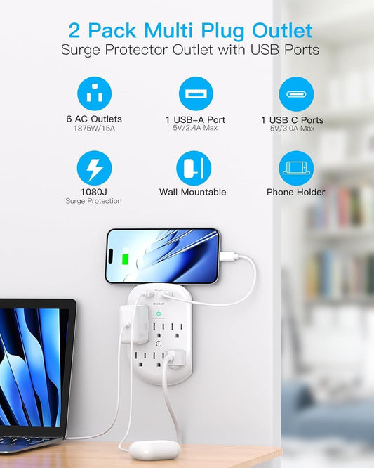2 Pack 6-Outlet Wall Surge Protector, Multi Plug Outlet Extender, Outlet Wall Mount Adapter with 2 USB Charging Ports 2.4 A, 490 Joules for Home, School, Office