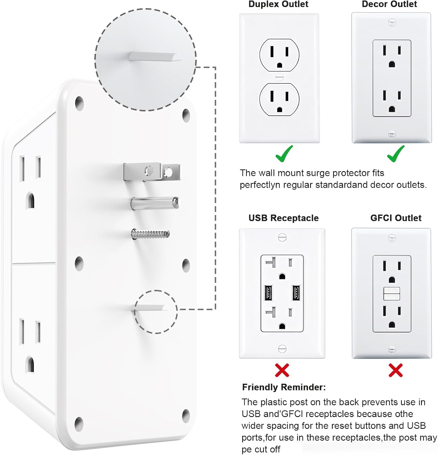 Wall Outlet Extender with Night Light, Power Plug Adapter 6 Outlet Extender with 4 USB Charging Ports 1050J Power Strip Multi Plug Adapter Spaced for Home Travel Office (2A2C)