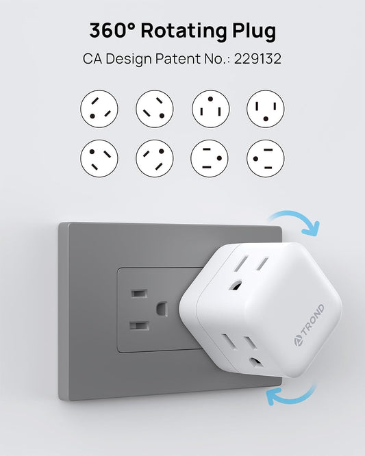TROND Multi Plug Outlet Extender, 360° Rotating Plug Wall Adapter, 3 Way Outlet Splitter, 3-Sided Small Power Expander for Home Office Dorm Room, No Surge Protector for Cruise Travel Essentials, 1875W