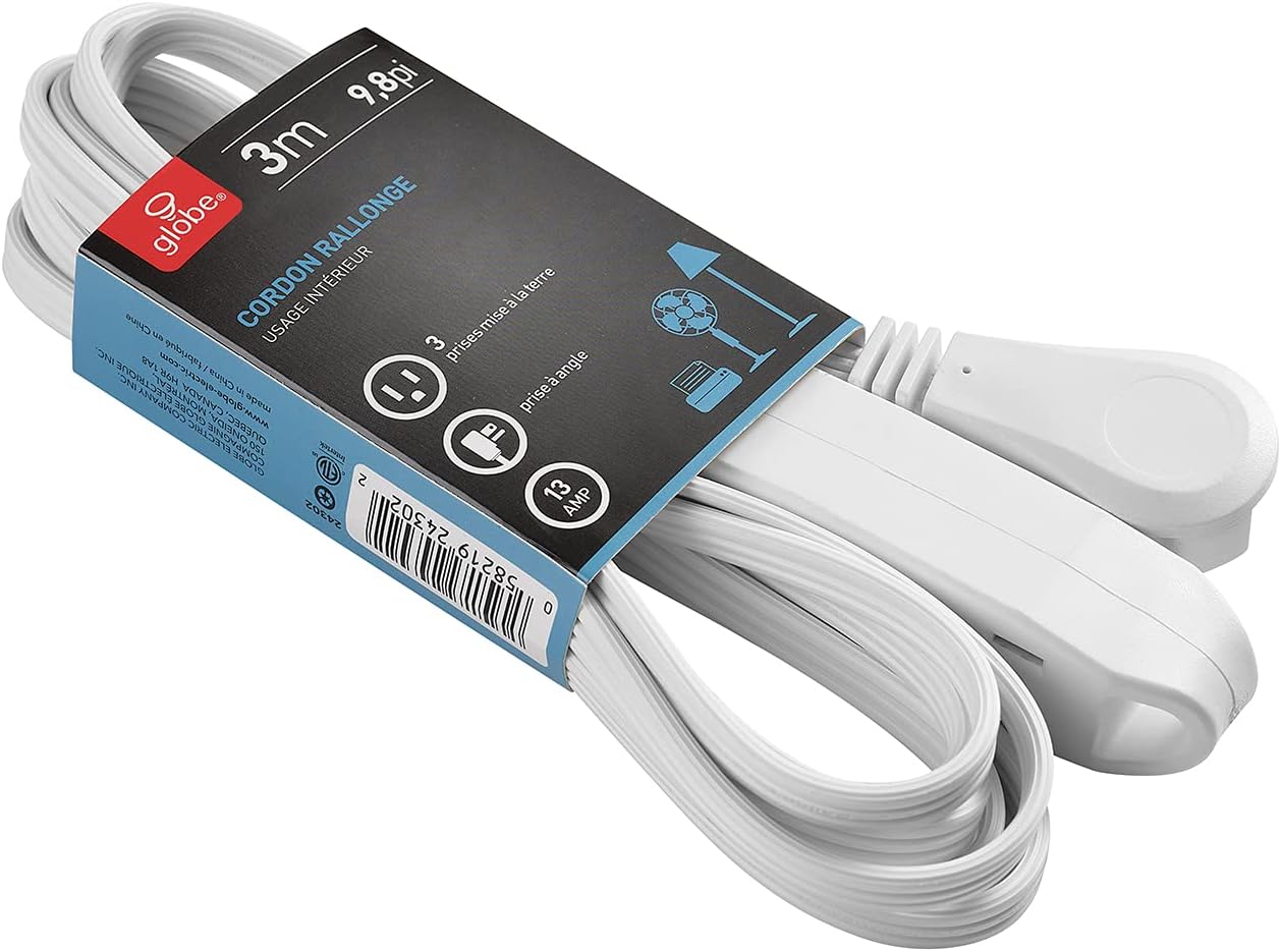 Globe Electric 24302 10ft Medium Duty 3-Outlet Indoor Extension Cord, Grounded, Right Angle Plug, White