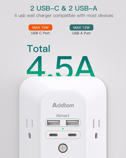 Power Bar, USB Wall Charger Surge Protector 5 Outlet Extender with 4 USB Charging Ports (2 USB C), Multi Plug Outlet, 3-Sided 1800J Power Strip Outlets Splitter Wall Plug Adapter for Home Office Dorm