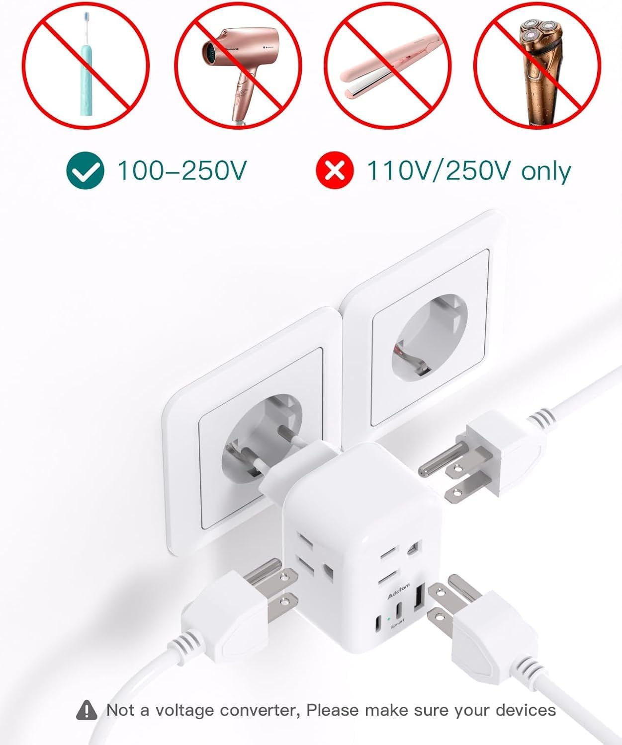 European Travel Plug Adapter, International Power Plug Adapter with 3 Outlets 3 USB Charging Ports(1 USB C), Travel Essentials to Italy,Greece,Israel,France, Spain (Type C)