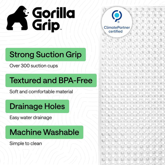 GORILLA GRIP Patented Bath Tub Shower Mat, Machine Washable Bathtub Floor Liner Mats, Suction Cups and Drain Holes to Keep Tubs Clean, Bathroom Essentials, 89x41 cm, Clear