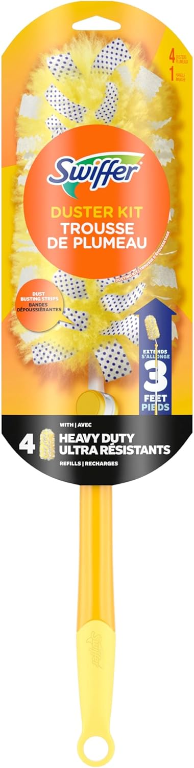 Swiffer Duster Kit with 3ft Extendable Handle, Heavy Duty Dusting Starter Kit with 4 Refills, for Ceiling Fans, Vents and Hard to Reach Places