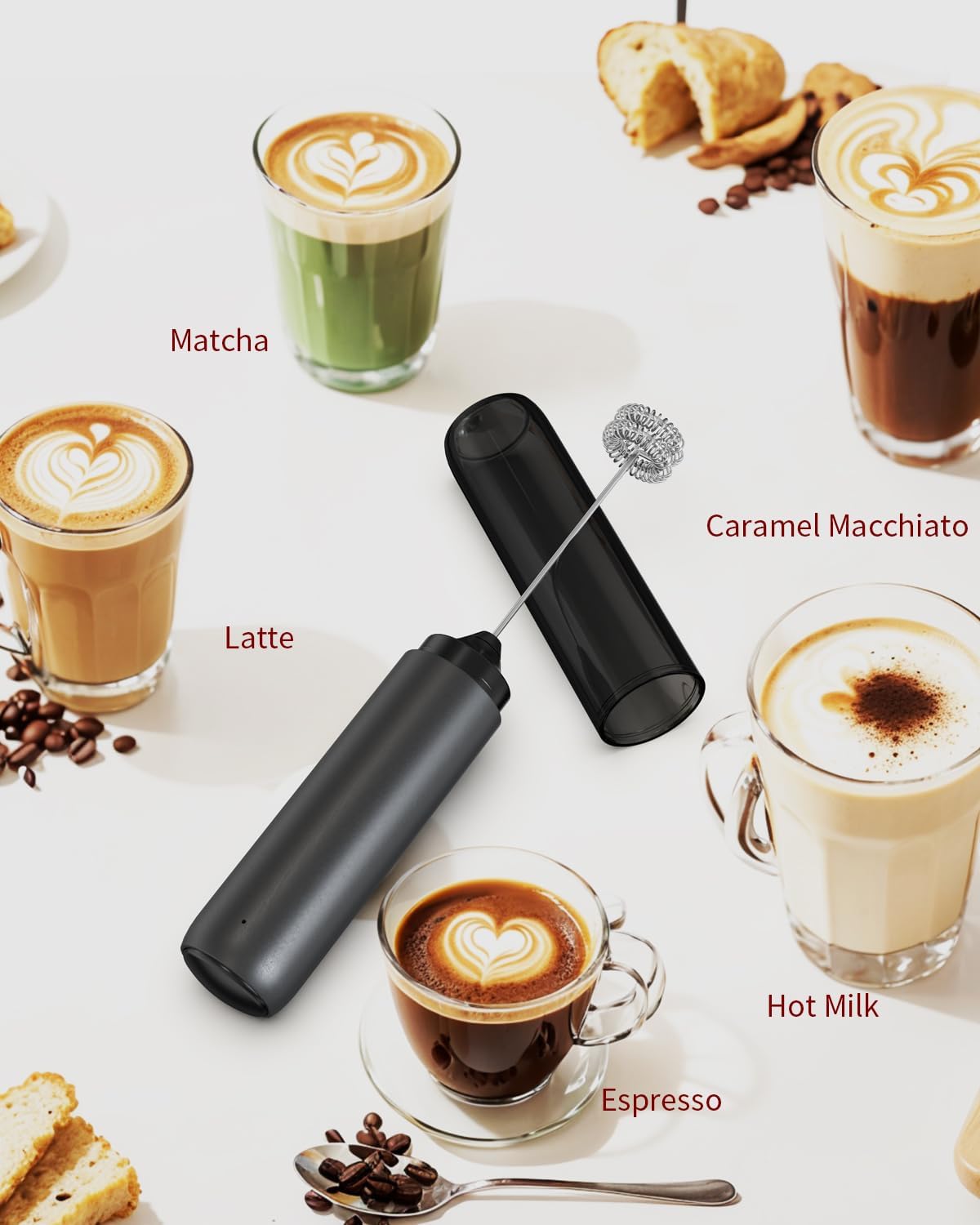 CIRCLE JOY Electric Milk Frother Handheld, Rechargeable Coffee Frother with Dual Spring Whisk, Portable Hand Frother Wand Drink Mixer for Coffee, Hot Chocolate, Cappuccino, Frappe, Matcha, Black