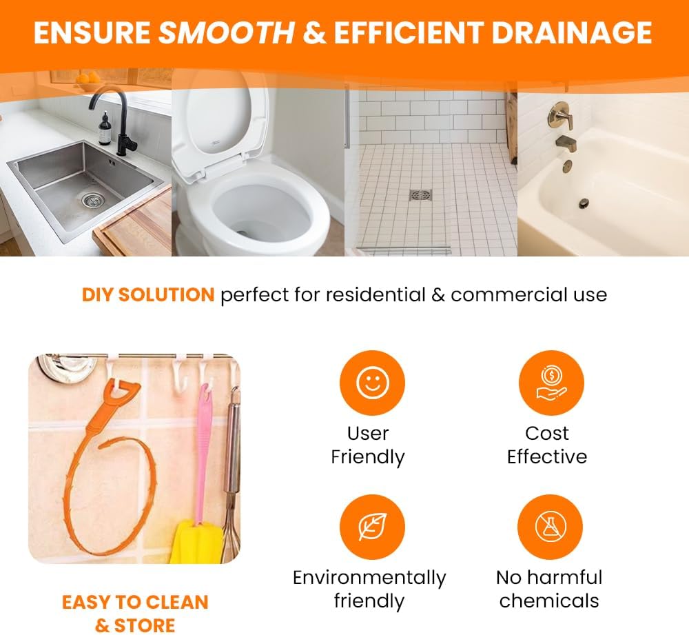 Drain Snake Hair Clog Remover 4 Pack – Drain Cleaner Tool for Sink, Shower, Bathtub, Tub (Orange)