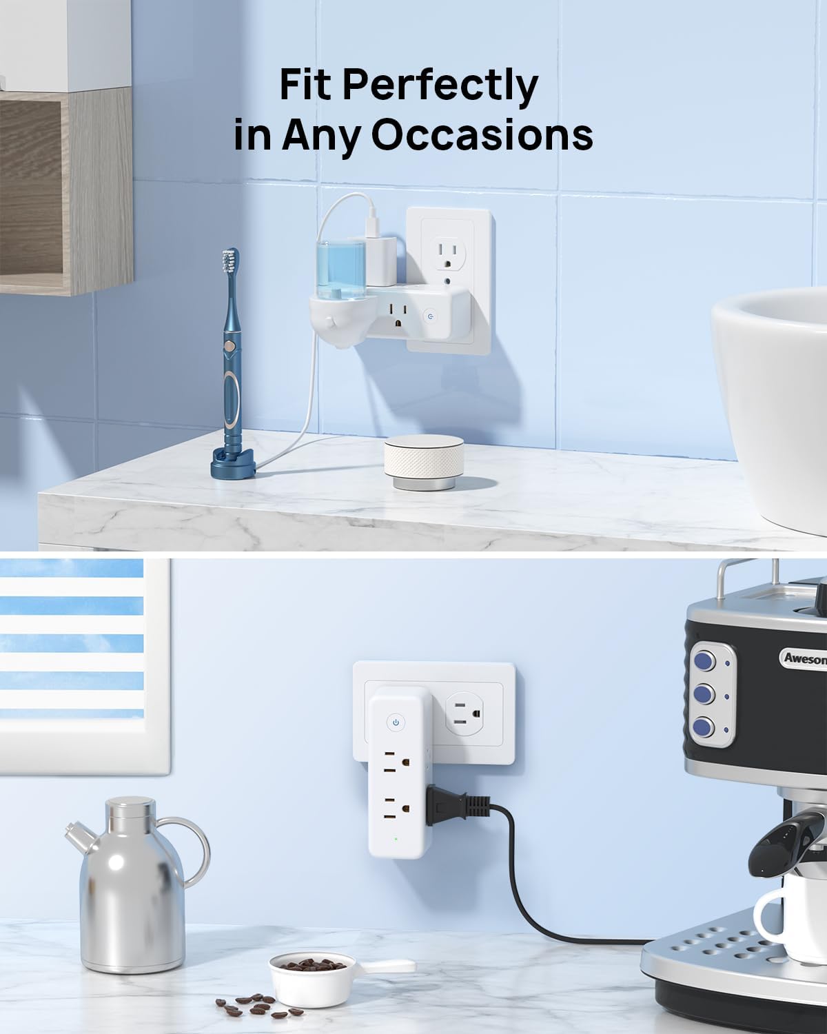TROND 360° Rotating Multi Plug Outlet Extender, 3 Sided Widely Spaced Splitter with Power Switch, 1440J Surge Protector Electrical Expander, Small Wall Adapter for Dorm Home Office Travel Essentials