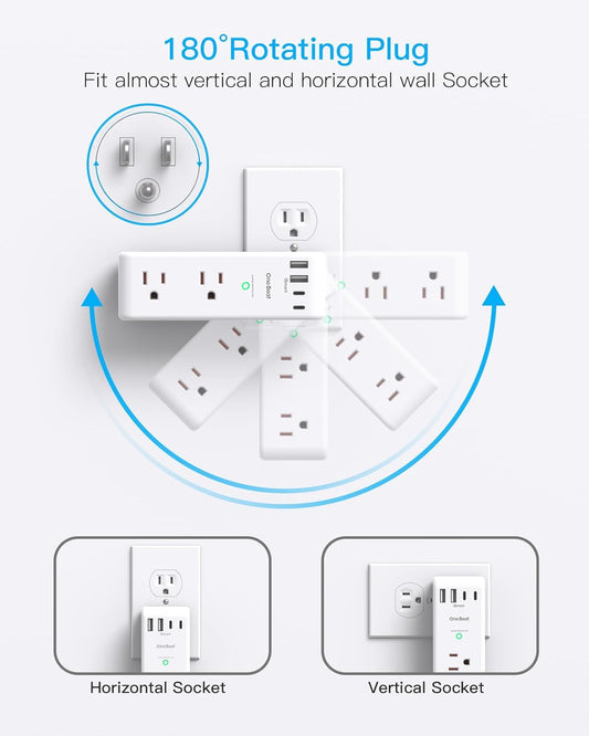 Surge Protector Outlet Extender - with Rotating Plug, 6 AC Multi Plug Outlet with 4 USB Ports (2 USB C), 1800 Joules, 3-Sided Swivel Power Bar with Spaced Splitter for Home, Office, Travel