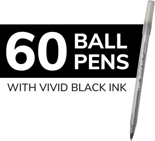 BIC Round Stic Extra Life Ballpoint Pens, School Supplies for Teachers and Students, 60-Count in Black