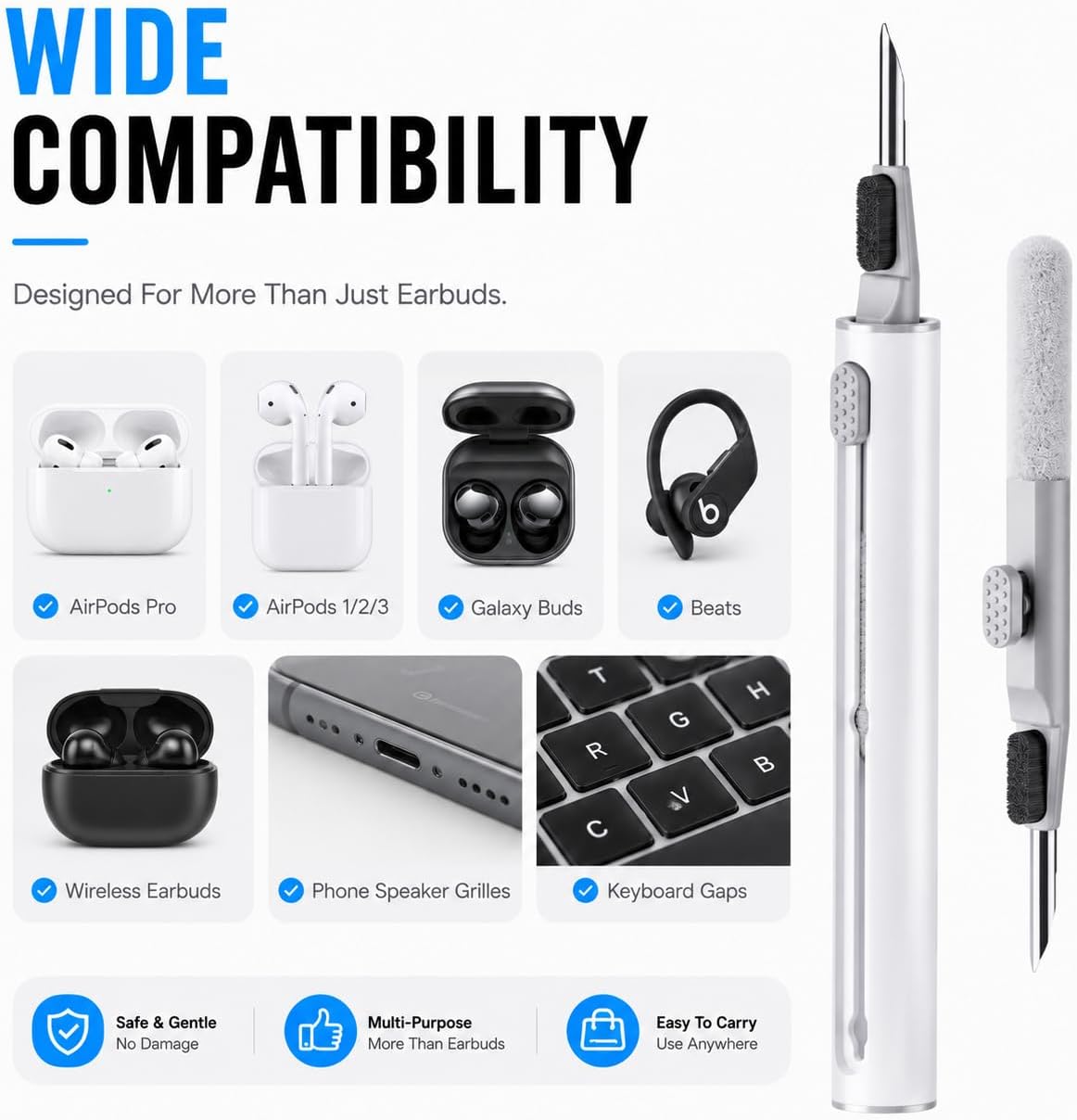 Cleaner Kit for Airpods Pro 1 2 3 Multi-Function Cleaning Pen with Soft Brush Flocking Sponge for Bluetooth Earphones Case Cleaning Tools White