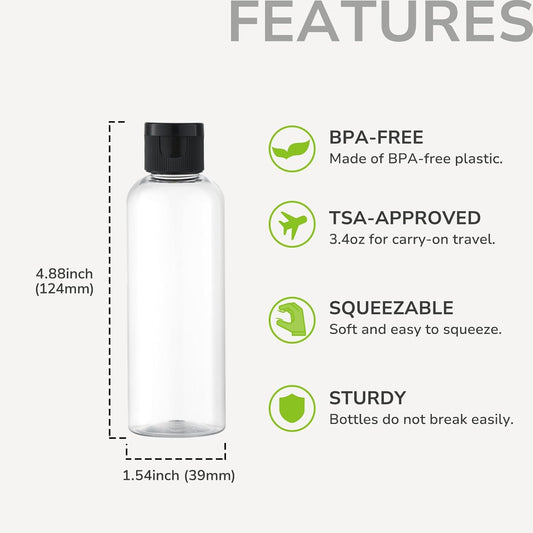 Lisapack Travel Bottles for Toiletries - 100ml Empty Plastic Containers for Shampoo - Small Size Dispenser for Liquid with Flip Cap - Mini Squeeze Bottles for Lotion TSA Approved Clear 5PCS