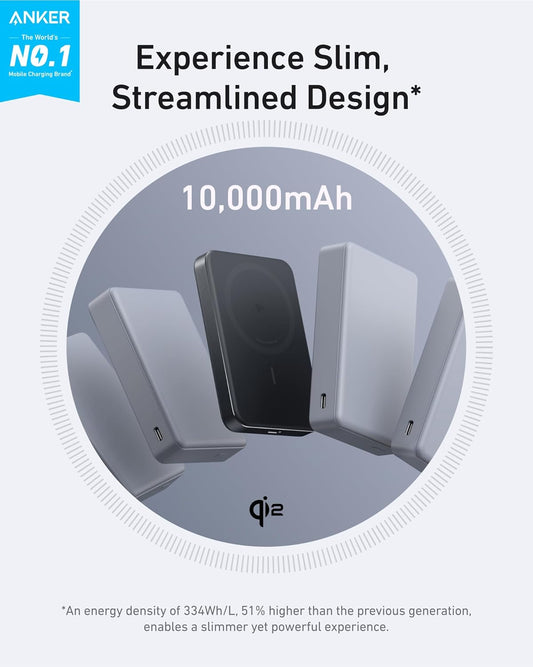Anker MagGo Power Bank, Ultra-Slim 10,000mAh Magnetic Battery Pack, Qi2 Certified 15W Ultra-Fast MagSafe Compatible Portable Charger, Ergonomic Design, for iPhone17/16/15/14 Series, and More