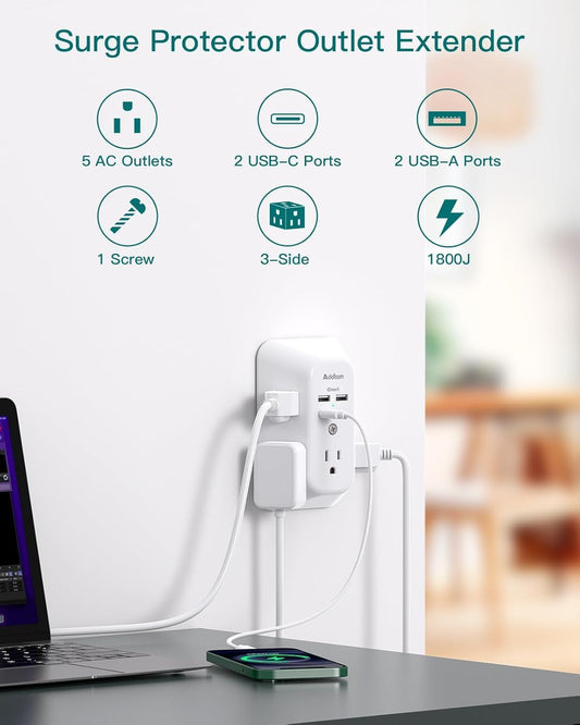 2 Pack USB Wall Charger Surge Protector, Multi Plug Outlet with 5 Outlet Extender and 4 USB Charging Ports (2 USB C Outlet) 3 Sided 1800J Power Bar for Home Travel Office