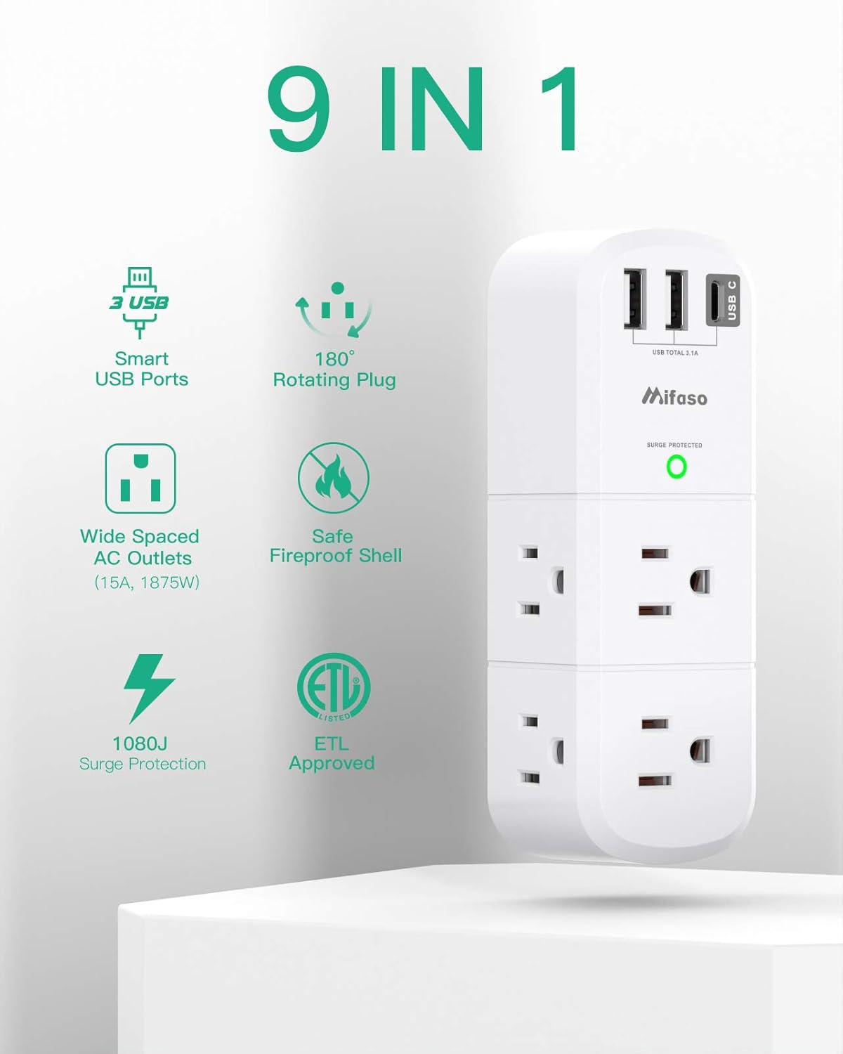USB Outlet Extender Surge Protector - with Rotating Plug, 6 AC Multi Plug Outlet and 3 USB Ports (1 USB C), 3-Sided Swivel Power Strip with Spaced Outlet Splitter for Home, Office, Travel