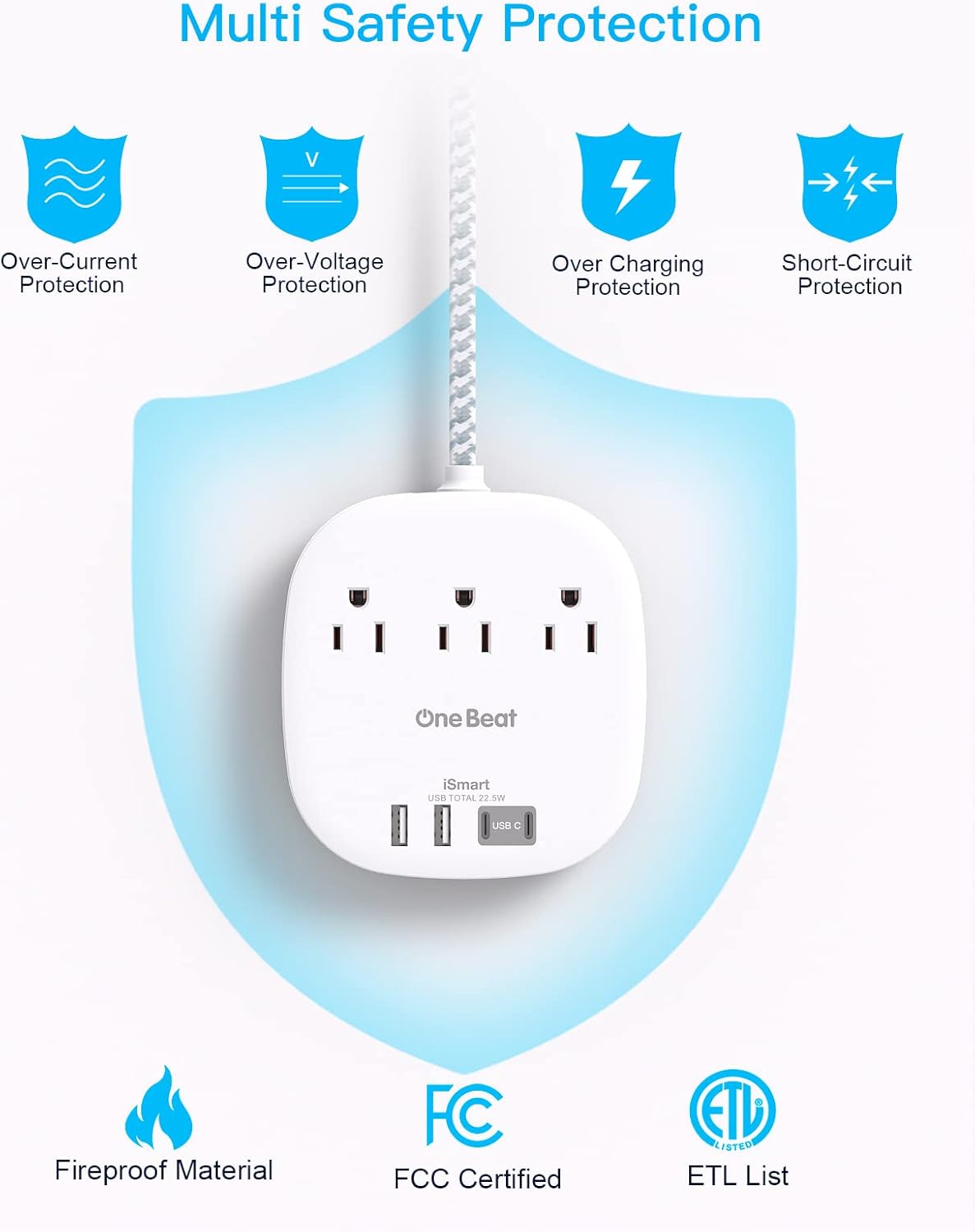 One Beat Flat Plug Power Bar with USB C, 6FT Ultra-Thin Extension Cord, 3 Outlet with 4 USB Ports (2 USB C) Desktop Charging Station, No Surge Protection for Cruise Ship, Travel Essentials, Dorm Room