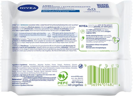 NIVEA 3-in-1 Biodegradable Face Cleansing & Make-up Removing Wipes for Normal Skin, 40 Wipes