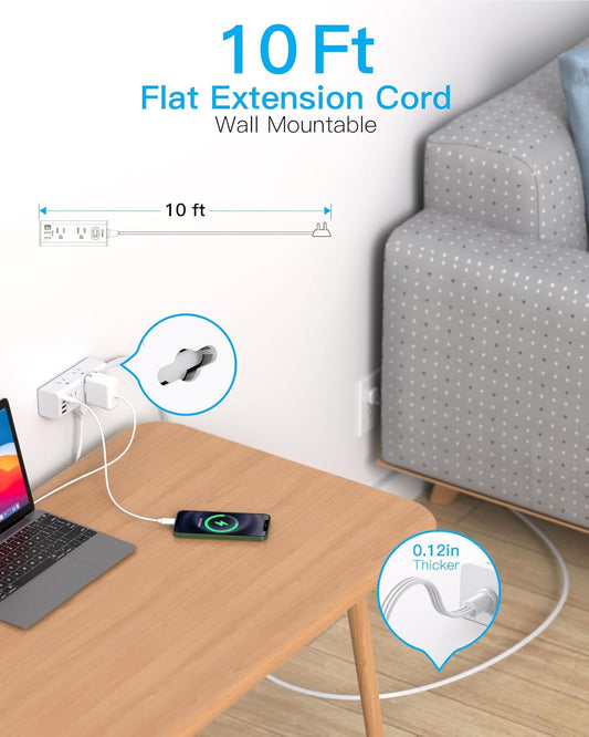 10FT Extension Cord Indoor, Power Bars with Surge Protector, Flat Plug Long Cord 6 Outlet 4 USB Ports (2 USB C) for Home, College, Dorm Room Essentials
