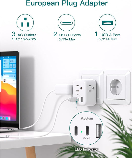 European Travel Plug Adapter, International Power Plug Adapter with 3 Outlets 3 USB Charging Ports(1 USB C), Travel Essentials to Italy,Greece,Israel,France, Spain (Type C)
