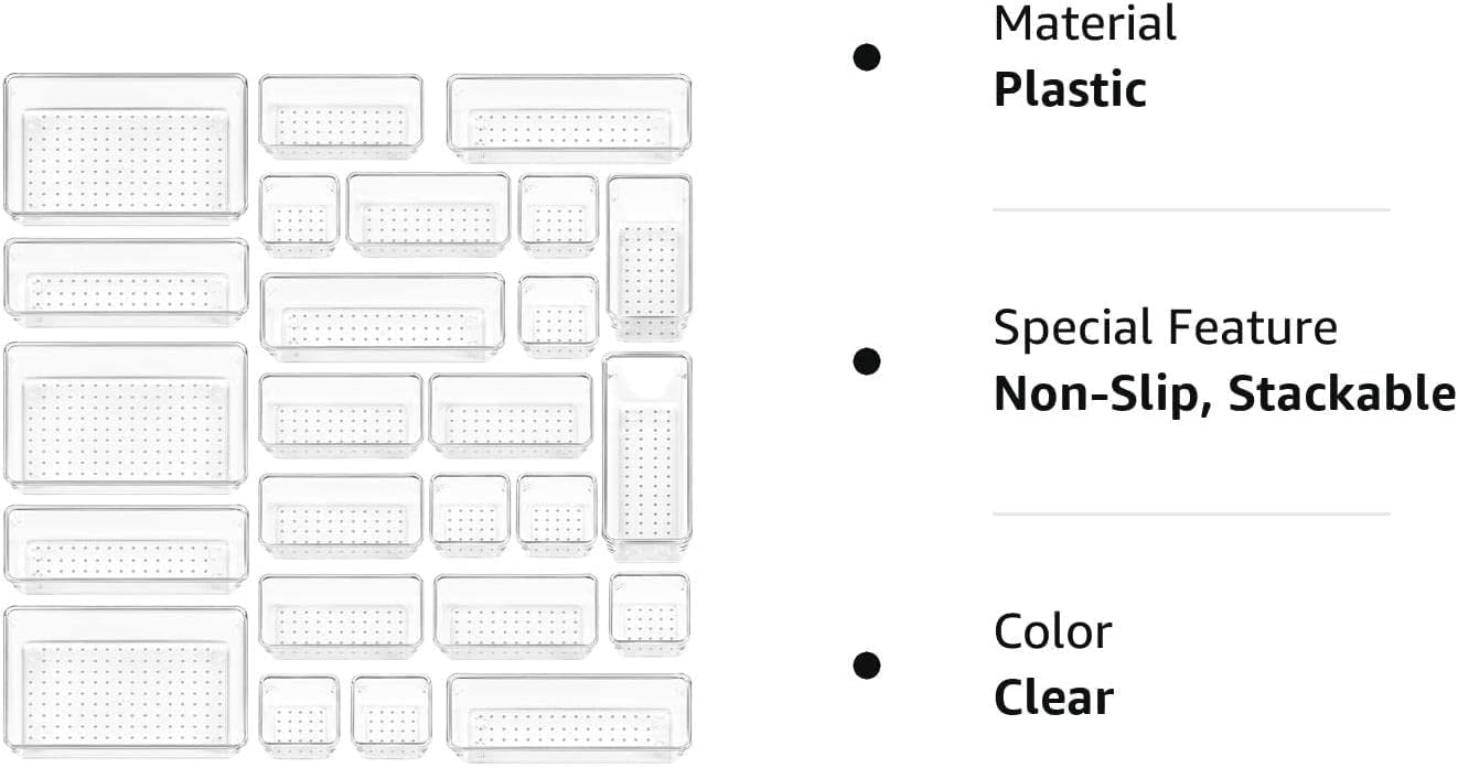 Vtopmart 25 PCS Plastic Clear Drawer Organizer, Acrylic Desk Drawer organizers, Organization and Storage for Makeup, Bathroom, Office, kitchen, Bedroom