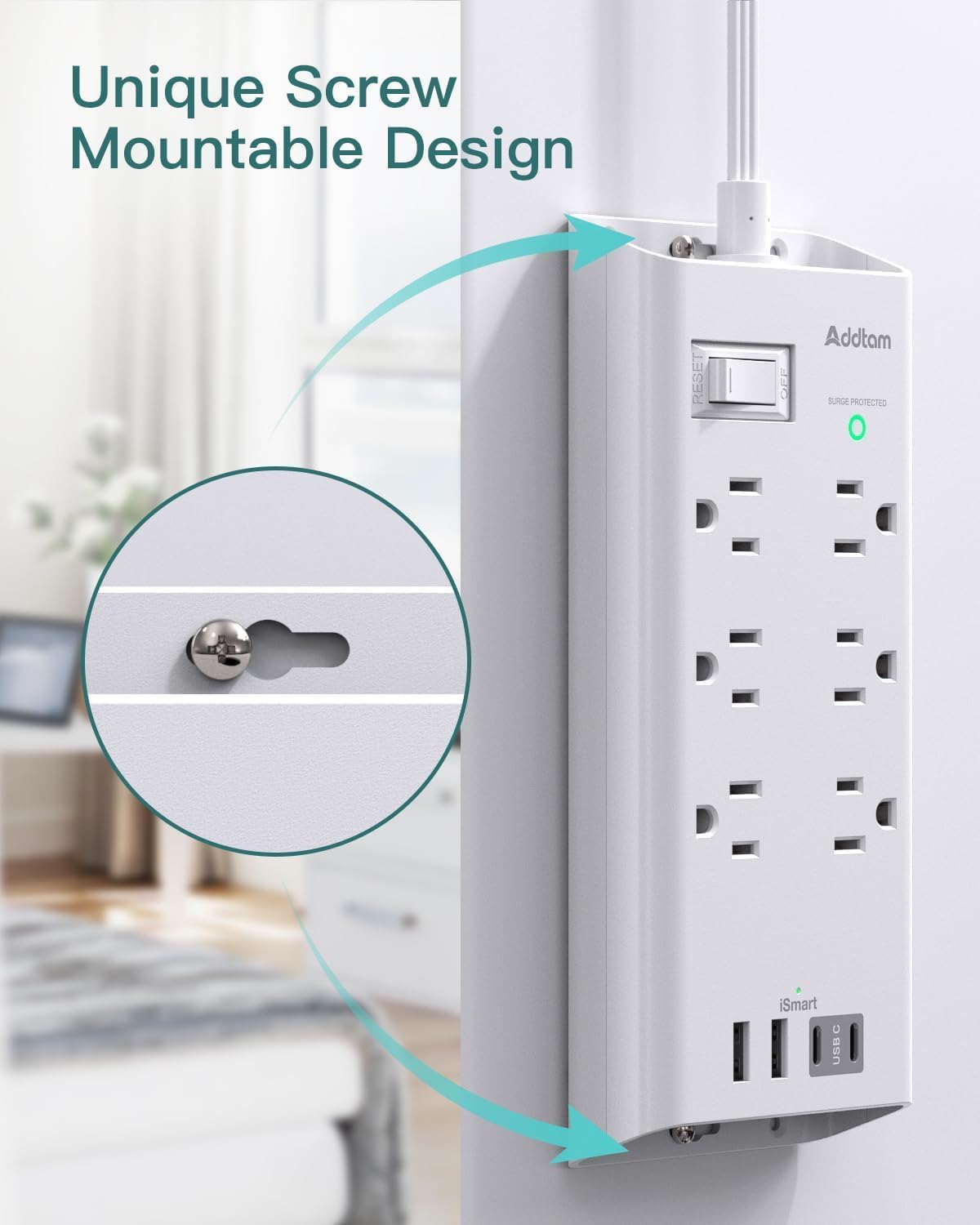 Power Strip Surge Protector - Addtam 10Ft Long Extension Cord with 6 Outlets and 4 USB Ports(2USB C), Flat Plug Overload Surge Protection Outlet Strip, Wall Mount for Home, Office and More