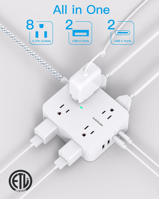 Surge Protector Power Bar - 8 Outlets 4 USB Charging Ports(2 USB C), Power Strip with 5Ft Braided Extension Cord, Flat Plug, Wall Mount Desk USB C Charging Station for Home Office College Essentials