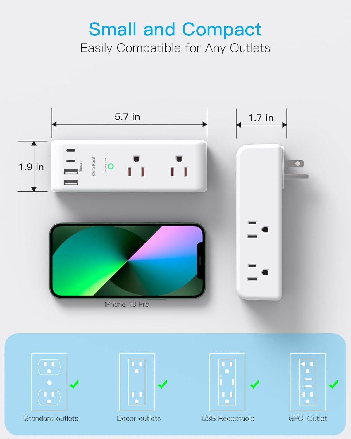Surge Protector Outlet Extender - with Rotating Plug, 6 AC Multi Plug Outlet with 4 USB Ports (2 USB C), 1800 Joules, 3-Sided Swivel Power Bar with Spaced Splitter for Home, Office, Travel