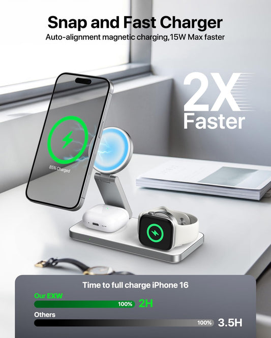 EXW Foldable 3 in 1 Wireless Charging Station for iPhone and Apple Watch,Compatible with Magsafe Charger Stand,Travel Bedside Fast Wireless Charger for iPhone 17e 17 Air 16 15 14 13 12 Series, Airpods