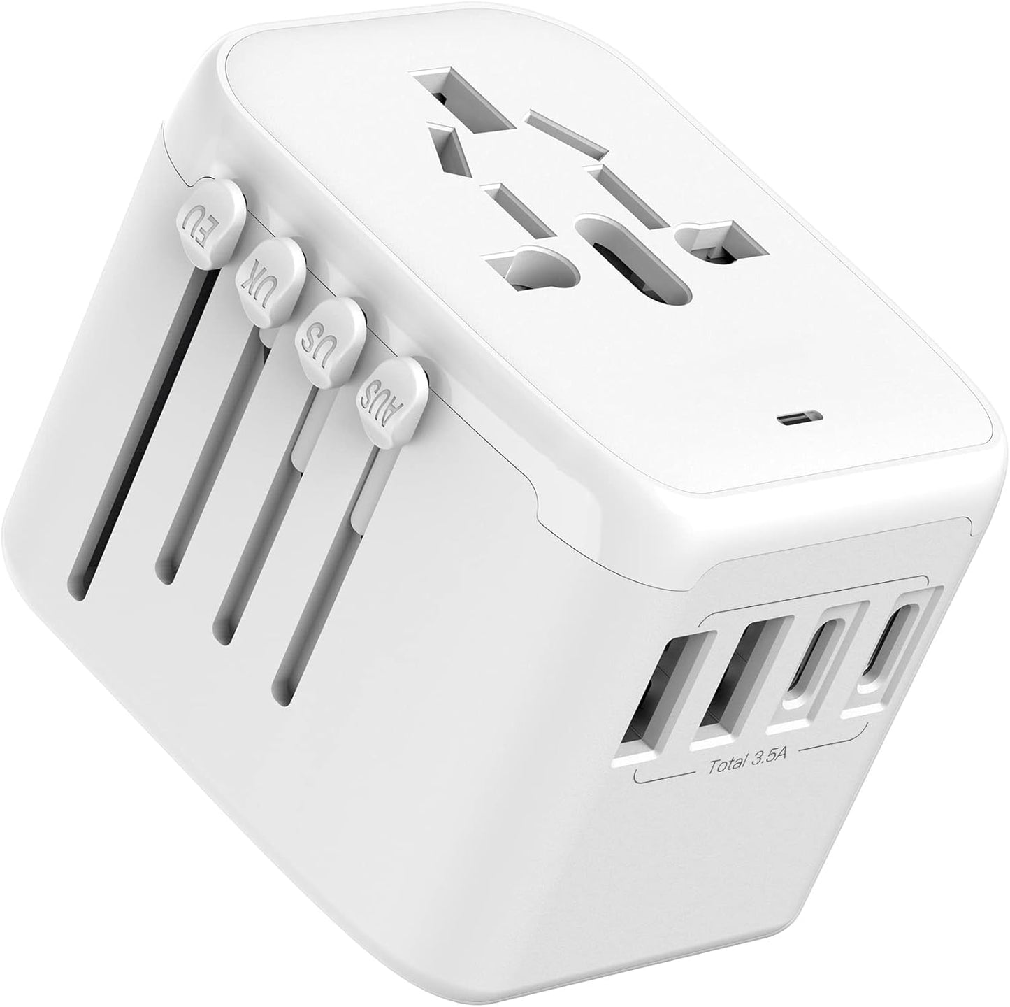 VYLEE Universal International Power Travel Plug Adapter, 5 in 1 European Travel Plug Adapter W/ 3.5A 2xUSB-A and 2xUSB C Wall Charger and Worldwide AC Outlet for Europe USA UK AUS Asia (White)