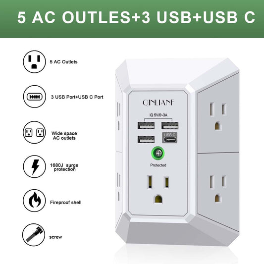 Wall Charger, Surge Protector, QINLIANF 5 Outlet Extender with 4 USB Charging Ports (4.8A Total) 3-Sided 1680J Power Strip Multi Plug Adapter Spaced for Home Travel Office (3U1C)