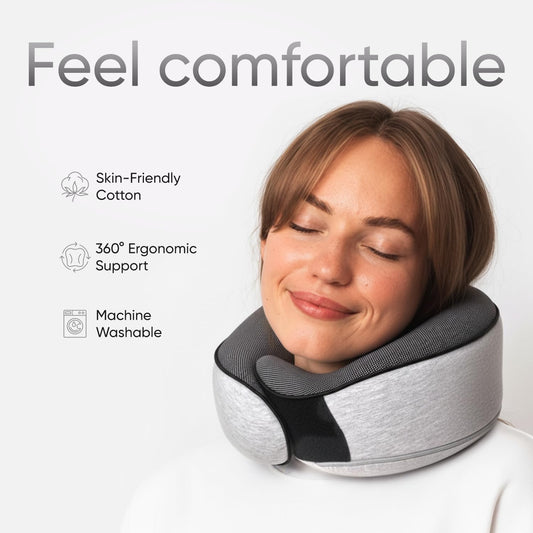 Proglobe Orthopedic Neck Pillow Travel Neck Pillows for Airplanes, Memory Foam Kit, Updated Resting Material, Airplane Travel Set with 3D Contoured Eye Masks, Earplugs, and Luxury Mesh Bag (Grey)