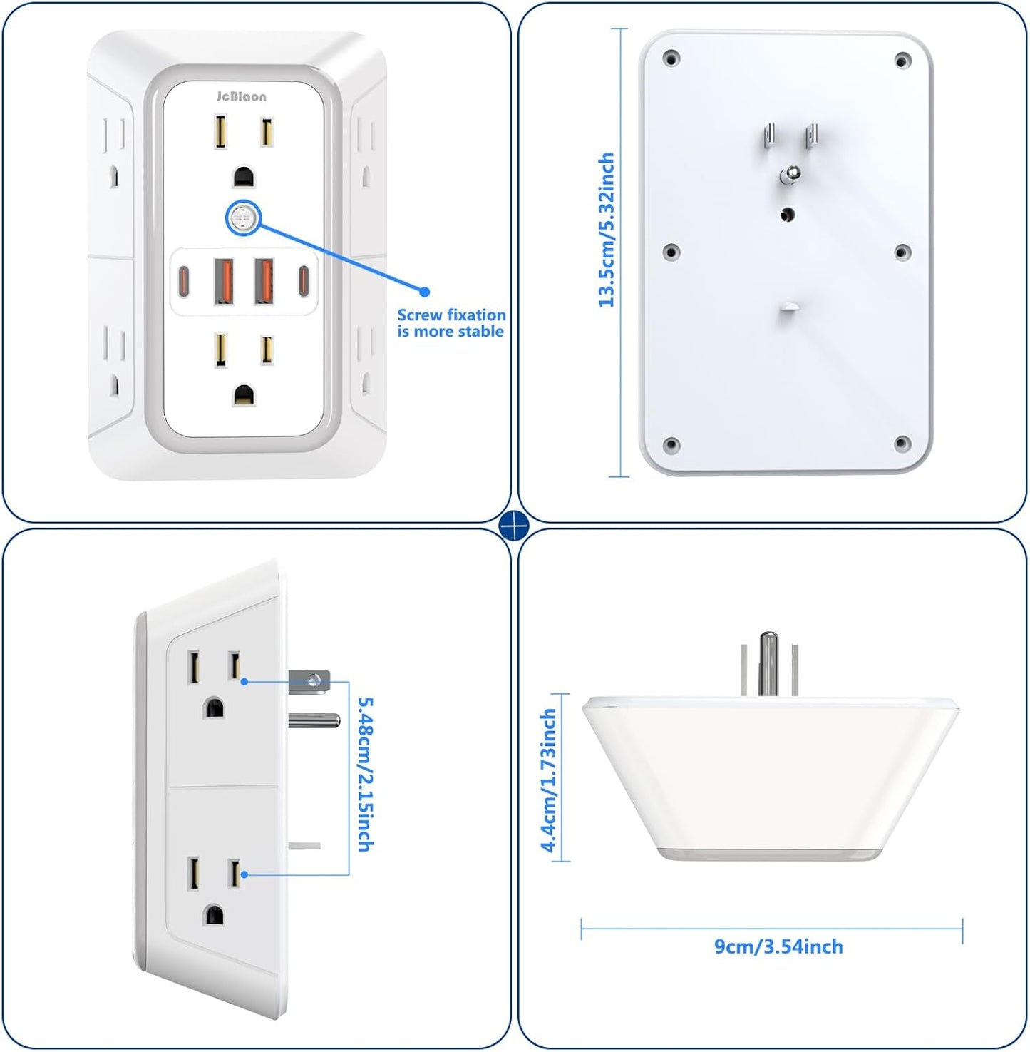 JcBlaon Outlet Extender Surge Protector - 6 Outlet Splitter with 4 USB Ports (2 USB C), Multiple Plug Expander Wall Charger, 3 Sided Multi Plug Wall Adapter Power Strip for Home Office Kitchen Travel