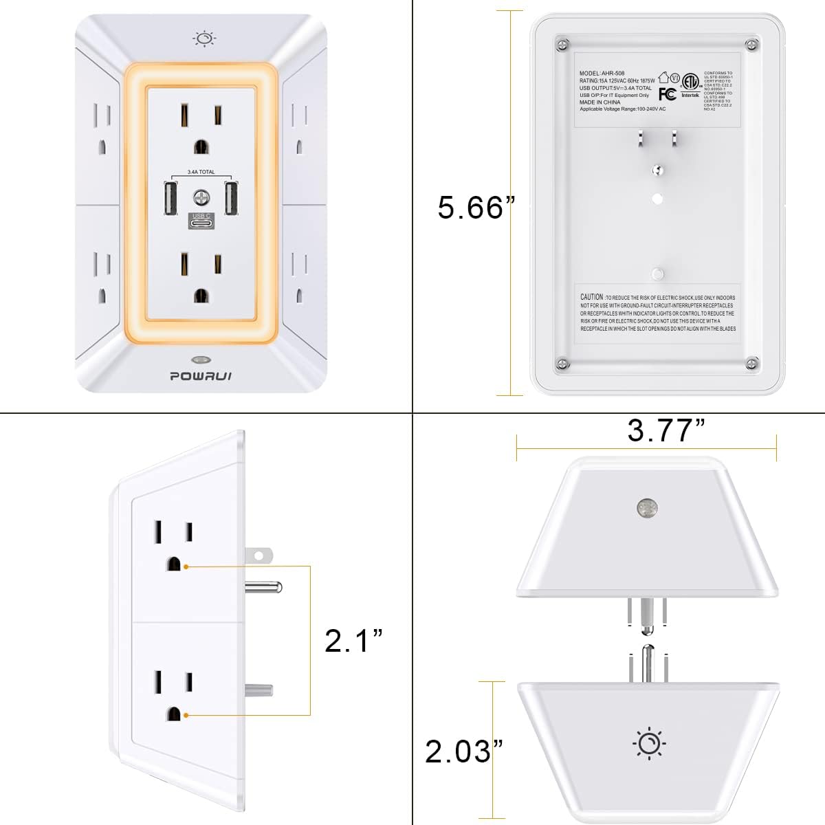 3-Sided Power Bars with Surge Protector, POWRUI 6-Outlet Extender with 3 USB Ports (1 USB C) and Night Light, Multi Plug Outlet and Spaced Outlets Adapter, ETL, White