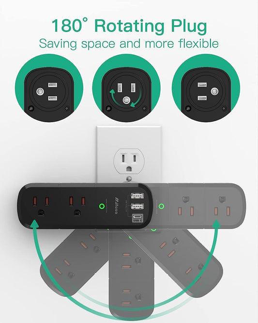 USB Outlet Extender Surge Protector - with Rotating Plug, 6 AC Multi Plug Outlet and 3 USB Ports (1 USB C), 3-Sided Swivel Power Strip with Spaced Outlet Splitter for Home, Office, Travel (Black)