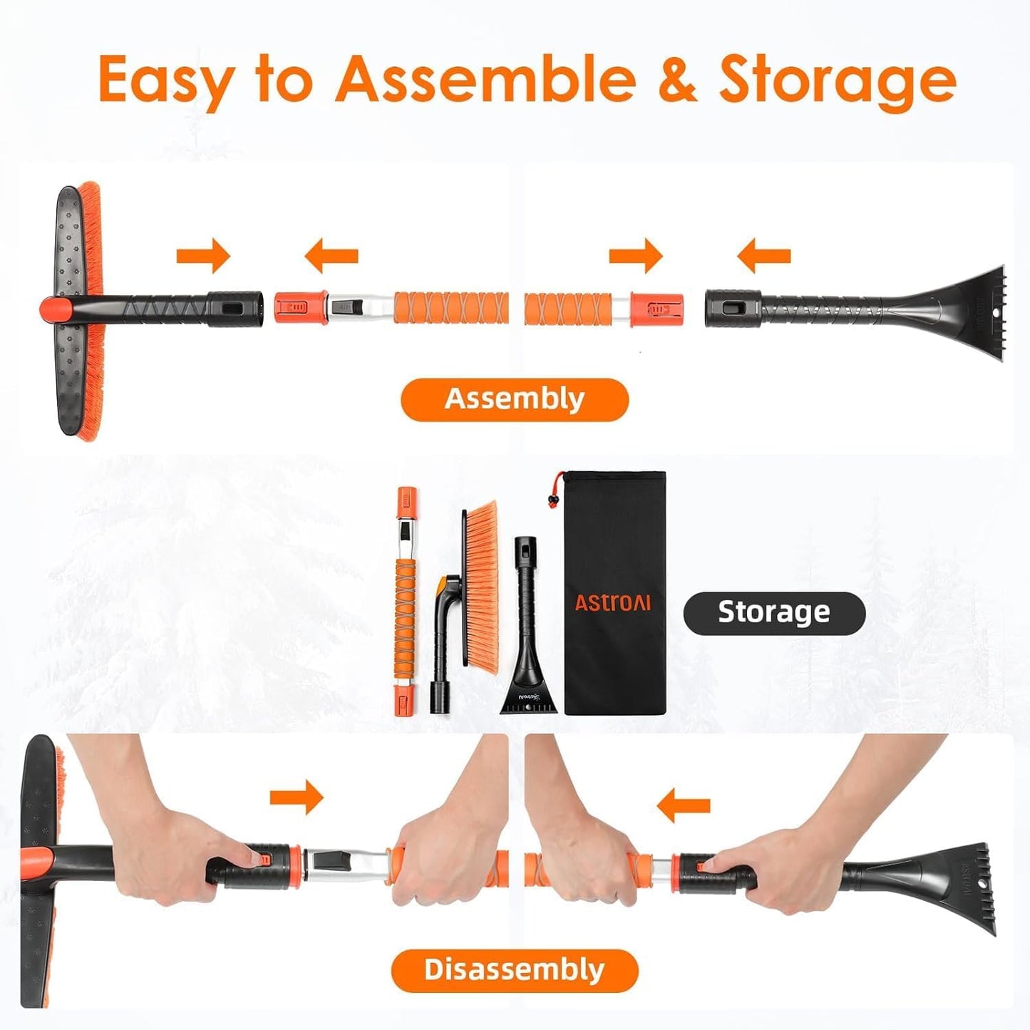 AstroAI 47.2" Extendable Snow Brush for Car Ice Scraper Windshield and Foam Grip with 360° Pivoting Brush Head for Car Auto Truck SUV (Orange)