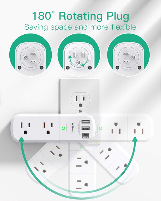 USB Outlet Extender Surge Protector - with Rotating Plug, 6 AC Multi Plug Outlet and 3 USB Ports (1 USB C), 3-Sided Swivel Power Strip with Spaced Outlet Splitter for Home, Office, Travel