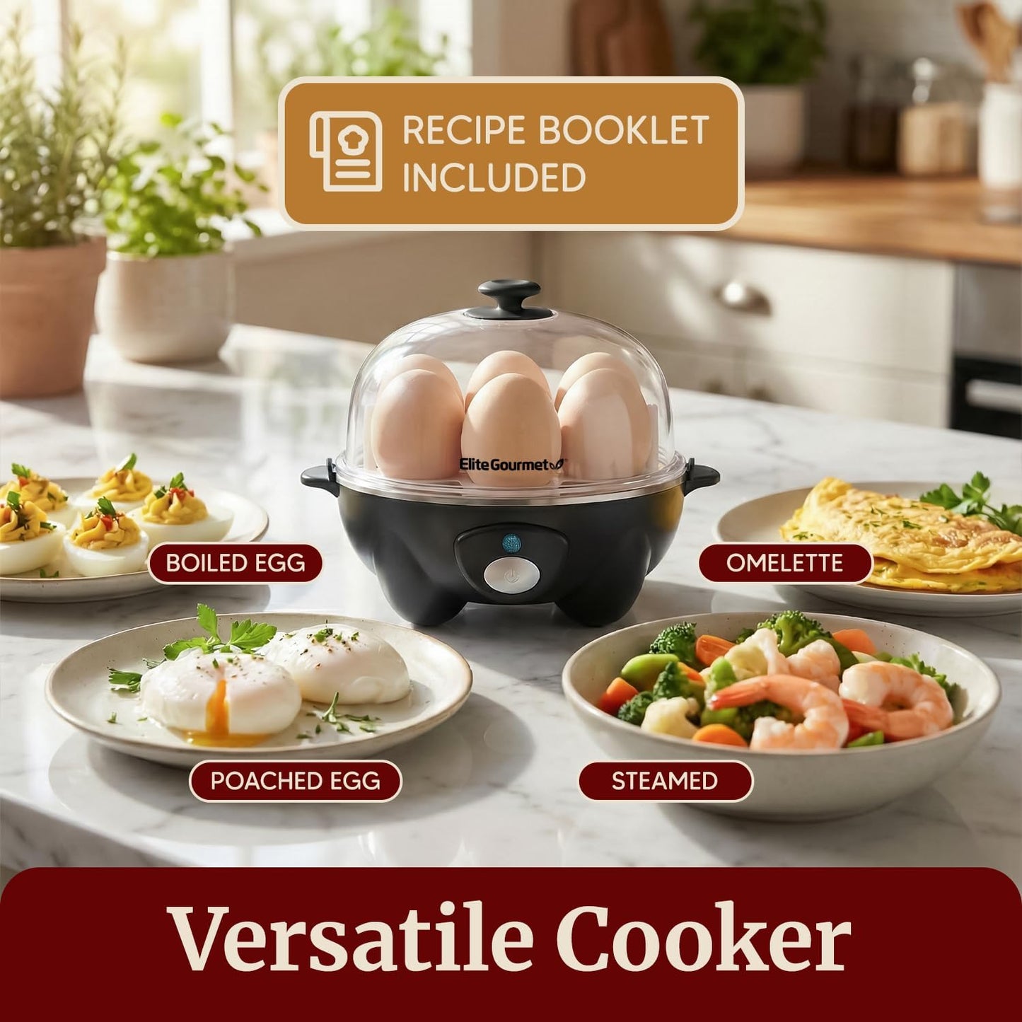 Elite Gourmet EGC-007B# Rapid Egg Cooker, 7 Easy-To-Peel, Hard, Medium, Soft Boiled Eggs, Poacher, Omelet Maker, Auto Shut-Off, Alarm, 16-Recipe Booklet, BPA-Free, Black
