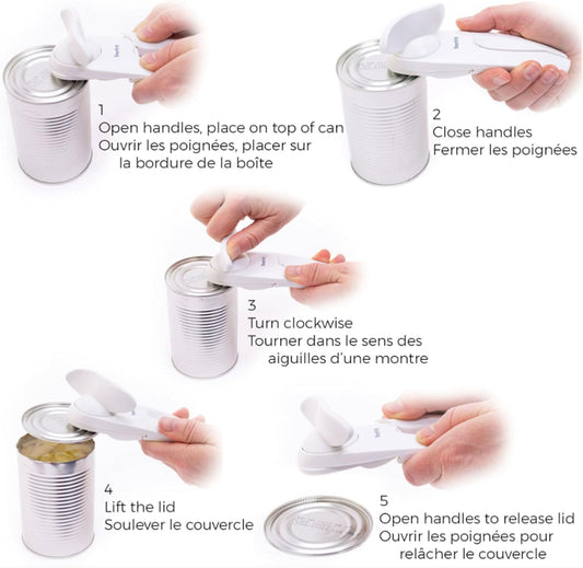Starfrit Little Beaver Can Opener, Safe, Holds Lid and Leaves No Sharp Edges on Lid, Comfort Grip, 3-Year Warranty, White