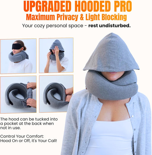 Hooded Pro Travel Pillow - Memory Foam Neck Support Pillow with Hood for Airplane, Flight - 100% Cotton Fabric, Maximum Privacy & Light-Block Design, Lightweight Full Travel Kit - Light Grey