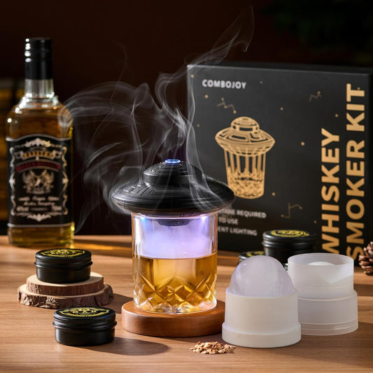 ComboJoy Electric Whiskey Smoker Kit with LED – 6 Flavors Wood Chips, Whiskey Glass & Ice Cube Mold – Rechargeable Cocktail Smoker, Old Fashioned Bourbon Gifts for Men, Dad, Husband -Black