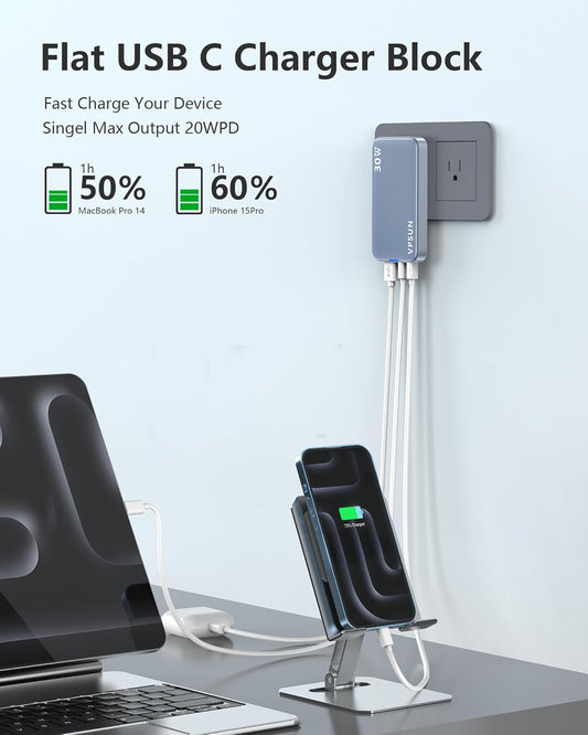 USB C Wall Charger Block 30W,3 Port Ultra Thin Flat USB-C Charging Plug,Foldable USB Power Adapter for iPad,iPhone 15/16,Samsung (Blue, 30W)