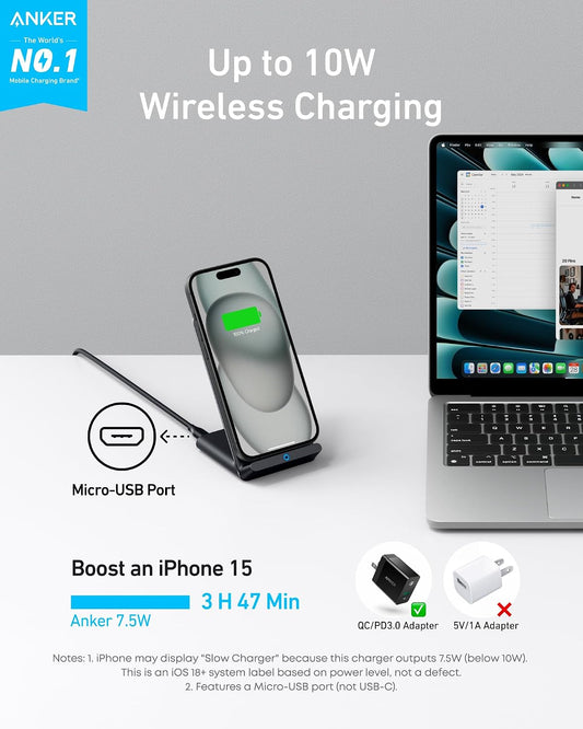 Anker 313 Wireless Charging Stand, Qi-Certified for iPhone 17/16/15/14/13, 10W Fast Charging for Galaxy S23/S22/S21 (No AC Adapter)