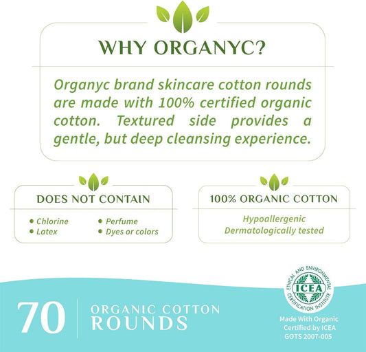 Organyc - 100% Organic Cotton Rounds Chemical Free, For Sensitive Skin (70 Count) - Daily Cosmetics. Beauty and Personal Care